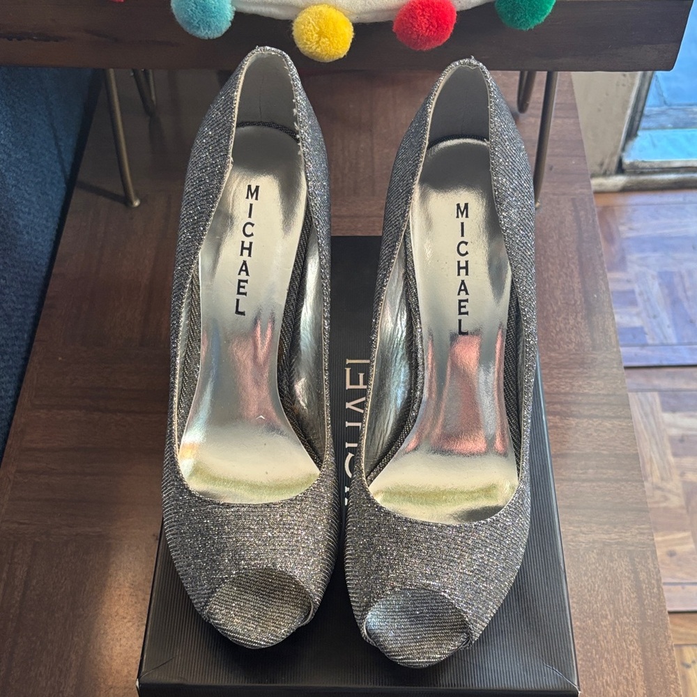 Michaels Glittering Silver Peep Toe Heels